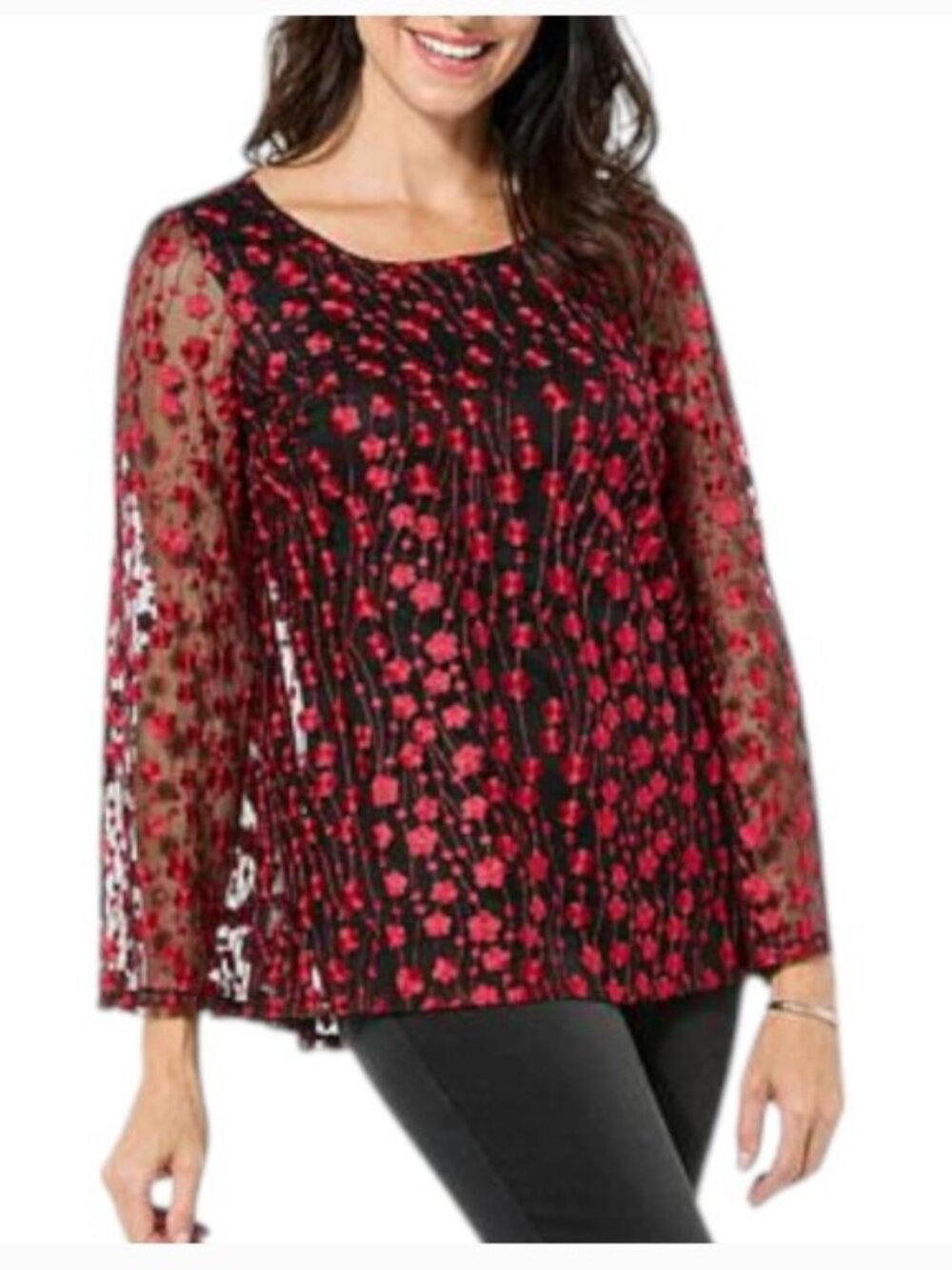 Nina Leonard Mesh Tunic, Sheer Bell Sleeves, Deep Scarlet - Size: XS - NIP